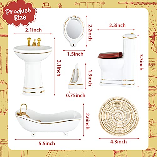 Skylety 6 Pcs Dollhouse Bathroom Furniture 1:12 Scale Porcelain Doll Accessories with Mini Bathtub, Toilet, Pedestal Sink, Mirror, Brush Holder, Carpet