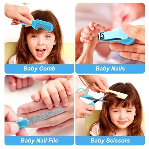 Baby Grooming Kit, Infant Safety Care Set with Hair Brush Comb Nail Clipper Nasal Aspirator,Baby Essentials Kit for Newborn Girls Boys - style: Blue Kit+Blue Brush