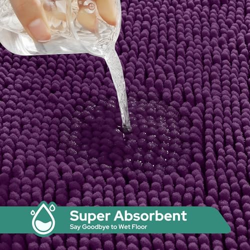 HOMEIDEAS 3 Pieces Dark Purple Bathroom Rugs Set, Ultra Soft Non Slip Bath Rug and Absorbent Chenille Bath Mat, Includes U-Shaped Contour Rug, Bath Mat and Toilet Lid Cover, Perfect for Bathroom Floor - color: Purple, size: 20"x32"+U 20"x24"+Cover 18"x21"