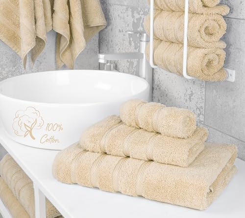 American Soft Linen 100% Cotton Luxury Turkish Towels, 3 Piece Towel Set | Soft Absorbent Quick Dry OEKO Tex Standard 100 Certificated Durable Machine Washable Breathable Premium Hotel Quality - color: Beige, size: 3PC (BT + HT + WC)