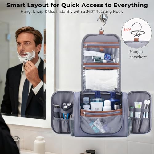 Ralnitote Large Hanging Toiletry Bag for Men, Travel Bathroom Bag with Hook, Hygiene Bag Organizer for Shower, Shaving & Grooming Essentials, Gray - color: Grey