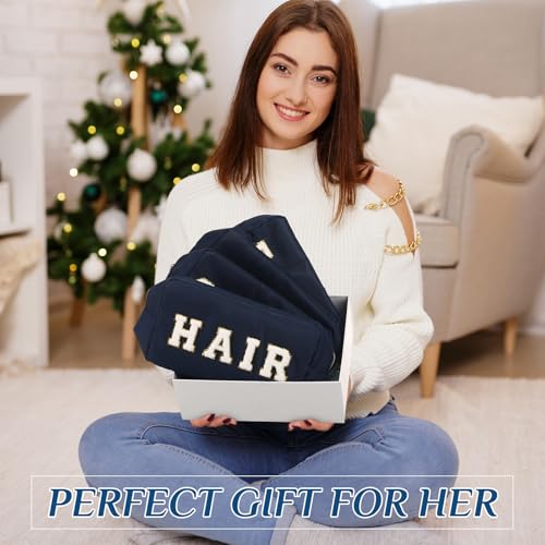 Preppy Makeup Bags Chenille Letter Stuff Bag Nylon Cosmetic Pouch Cases with Zipper for Women Travel Toiletry(Dark Blue,Classic,4 Pcs) - color: Dark Blue, size: Classic