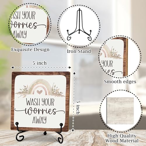 5" Bathroom Decor, Wash Your Worries Away Sign,Boho Bathroom Laundry Room Decor, Guest Bathroom Decoration, Farmhouse Home Toilet Bathroom Plaque Sign Table Shelf Decor-A06 - color: Wash Your Worries-06