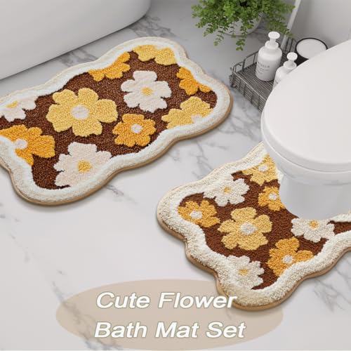 Bathroom Rug Set 2 Piece, Soft Cute Bath Mat and U-Shaped Contour Toilet Rug, Absorbent Microfiber Plush Bath Rug Set, Non-Slip Bath Carpet, Machine Washable, 32x20 Plus 22x20 - color: Brown 32x20" + 22x20"
