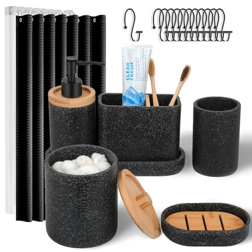 20PC Black Modern Bathroom Accessories Set with Shower Curtain, Toothbrush Holders, Soap Dispenser, Vanity Tray, Cotton Swab Jars, Bathroom Decor Organizer - color: Black+shower Curtain
