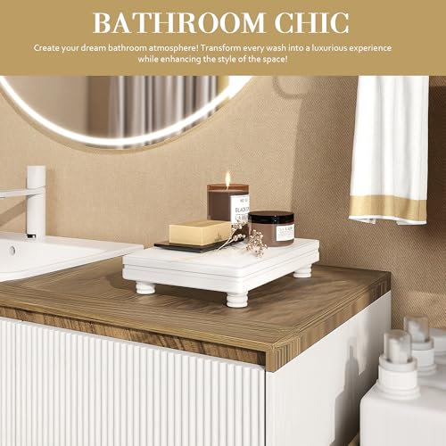 EOSAHR Decorative Pedestal Stand for Home Decor – Farmhouse Bathroom Counter Organizer & Soap Holder for Bathroom Sink - Small Wooden Tray for Kitchen & Bathroom Decor (White) - color: White