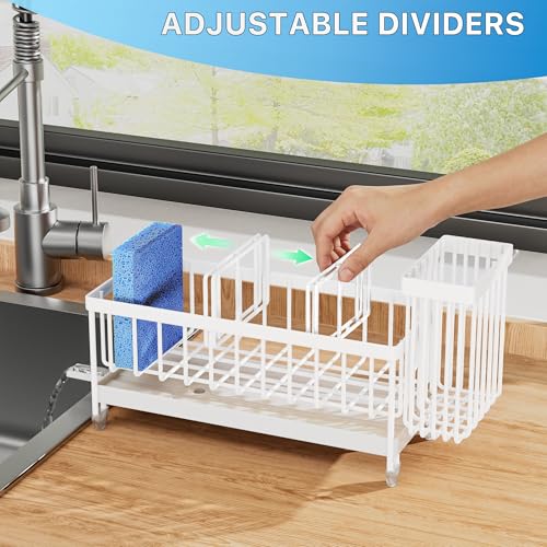 Cisily Sponge Holder for Kitchen Sink, Sink Caddy Organizer with High Brush Holder, Kitchen Countertop Organizers and Storage Essentials, Rustproof 304 Stainless Steel (Cool White, Large) - color: Cool White