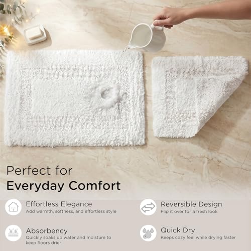 THE BEER VALLEY Reversible Bath Rug 17x24 Inch - White | Cotton Absorbent Thick Bathmat for Bathroom, Washable Toilet Small Throw Mat - color: White, size: 1'5" x 2' (Rectangular)