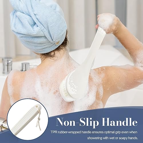 Back Scrubber for Shower, Shower Body Brush for Cleaning with Long Handle for Showering, 17 Inch Back Washer Exfoliator for Shower Men Women with Non-Slip Handle, Adhesive Hook (Cream White) - size: Cream White - Artificial Bristles