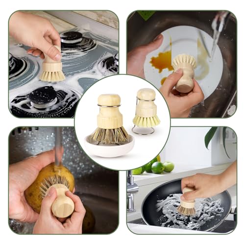 DEBETOOL Bamboo Dish Brush Set with Holder - Natural Dish Scrub Brush for Cleaning Dishes, Fast Dry Design Kitchen Dish Brush for Sinks & Pots