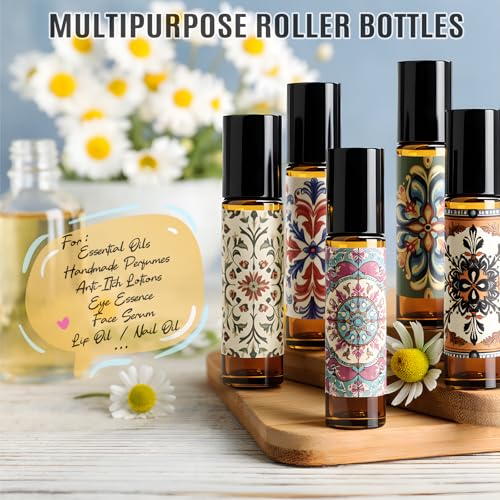 Roller Bottles for Essential Oils Roll On Bottles 6 Pack, 10ml Amber Rollerball Bottle Thick Glass Empty with Oil Perfume Lip Gloss DIY Kits Boho Stickers Leak-Proof Refillable for Travel, Gift - color: Amber, size: 6 Pack