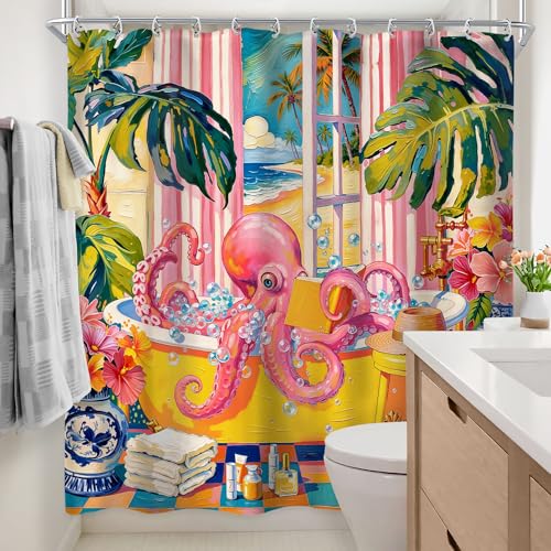 Newsely Funny Octopus Shower Curtain 72Wx72L Inch Funky Whimsical Boho Coastal Matisse Tropical Plant Pink Hawaii Modern Cool Kids Bathroom Set Unique Waterproof Bath Decoration Accessories Home Decor - color: Q-octopus2, size: 72"W x 72"L (Pack of 1)
