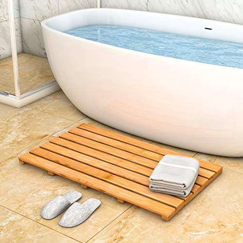 Bamboo Wooden Bath Floor Mat for Luxury Shower - Non-Slip Bathroom Waterproof Carpet for Indoor or Outdoor Use (31.3 x 18.1 x 1.5 Inches) - color: Natural, size: 31.3" x 18.1" (Rectangular)