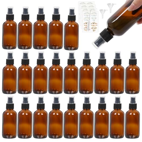 STARSIDE 24-Pack 4oz Amber Glass Spray Bottles with Fine Mist Sprayer | 120ml Travel Bottles for Cosmetic Essential Oils, Cleaning Solutions, Perfumes & Liquids, Includes Funnels, Labels, Brush - size: L
