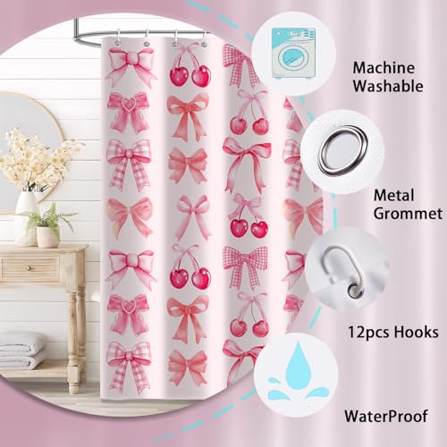 4Pcs Shower Curtain Set, Red Cherry Pink Bow Bathroom Shower Curtain with Rugs and Accessories,with Non-Slip Rugs, Toilet Lid Cover and Bath Mat for Bathroom Decor Set - color: Pink Bow
