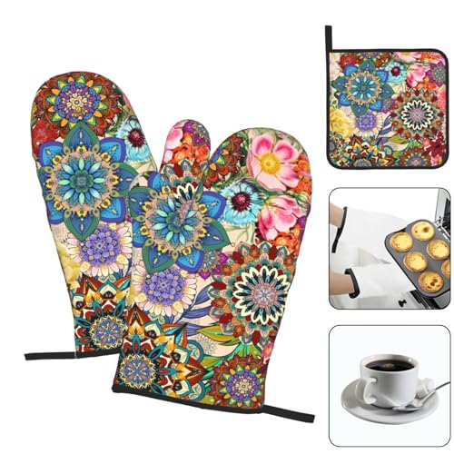 Boho Floral Oven Mitts and Pot Holders Sets, Heat Resistant Colorful Kitchen Gloves Hot Pads, Cute Baker Stuff, Chef Cooking Baking Gifts for Women Bakers, Kitchen Gifts for Cooking Lover Cooks Mom - color: Boho Floral