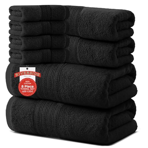 RIVERSIDE Pack of 8 Towels Set, 2 Large Bath, 2 Hand, 4 Face Washcloths, 100% Cotton Hotel Quality, Super Soft, Quick Dry, Highly Absorbent Perfect for Bathroom, Black - color: Black, size: Towel Set (PK 8)