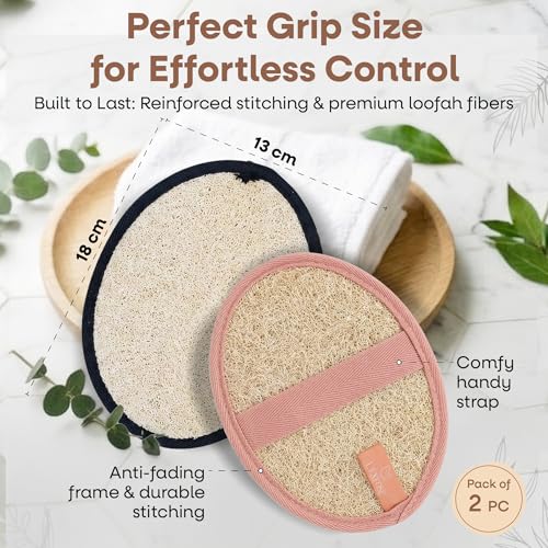 L'Exfose Organic Natural Loofah Body Scrubber for Shower – Dual Sided Egyptian Fiber Plastic Free Loofah – Quick Dry Natural Body Scrubber with Sisal Soap Saver Bag – Minimal Spa Gift for Men Women - color: Black & Salmon