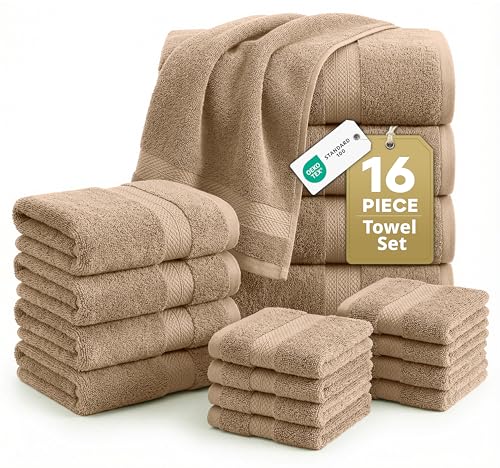 LANE LINEN 100% Cotton Towels Set - 16 Piece value pack - Soft, Absorbent & Durable - 4 Bath, 8 Washcloths, 4 Hand Towels for Bathroom - Ideal for Home, Spa & Gym - Quality You Can Trust - Taupe - color: 08: Taupe