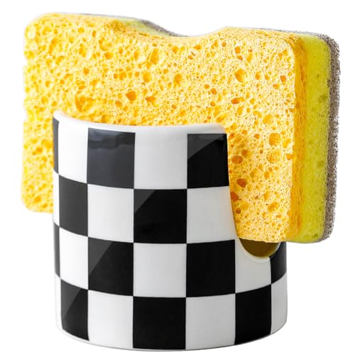Kitchen Sink Cute Ceramic Checkered Sponge Holder, Dish Sponge Rack Brush Holder Organizer, Farmhouse Kitchen Decor Dish Rack for Brush, Scrubbers, Bathroom, Sink (Black-white) - color: Black-white