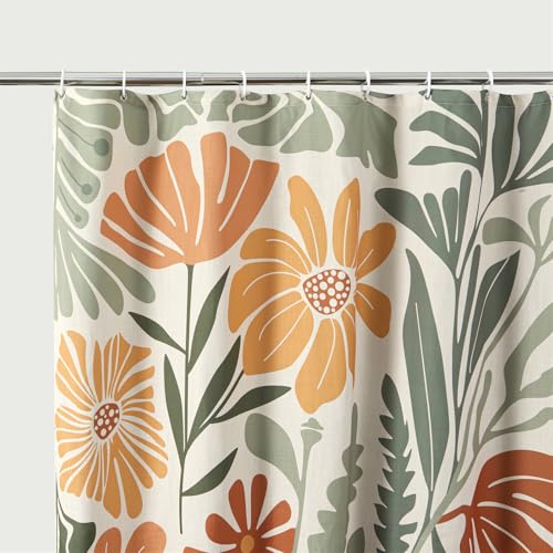 RoomTalks Cute Colorful Floral Extra Long Shower Curtain 78 Inch Funky Aesthetic Bathroom Decor - Heavy Duty Modern Abstract Matisse Flowers Plants Botanical Shower Curtain Set - color: Green and Terracotta, size: 72"W x 78"L (Pack of 1)