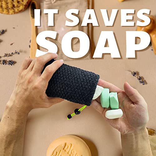 MIG4U Exfoliating Soap Bag for Shower 2 Pieces - Bar Soap Saver Pouch, Bamboo Body Scrubber Exfoliator Pocket in Travel Bathing, Black - style: 1 exfoliation level