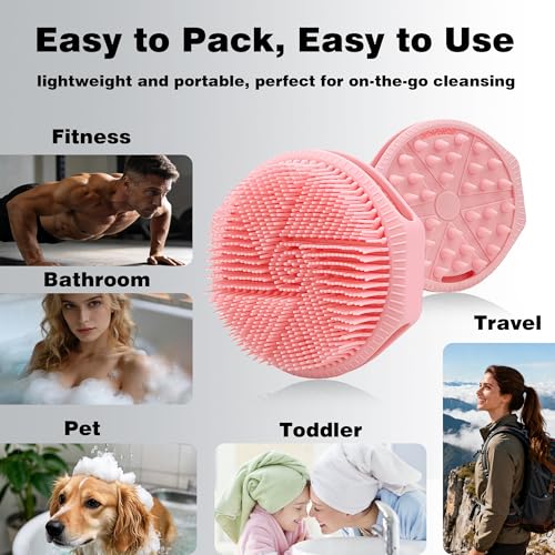 Silicone Body Scrubber for Men Women, Dual-Sided Bath Brushes Gentle Exfoliating Body Scrubber Scalp Massager for Deep Cleansing, Soft Silicone Loofah Body Washing Brushes (Pink) - color: Pink