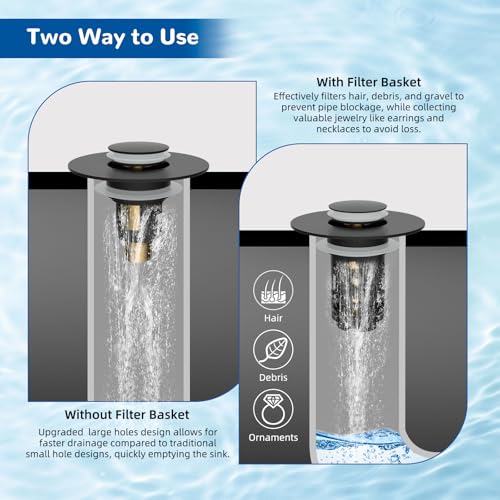 Hibbent Upgraded 3 in 1 Bathroom Sink Drain Strainer, Universal Pop Up Stopper, Removable Stainless Steel Filter Basket Hair Catcher, Sink Plug for 1.1''~2.36'' Basin, Brass Bullet Core, Matte Black - color: Matte Black
