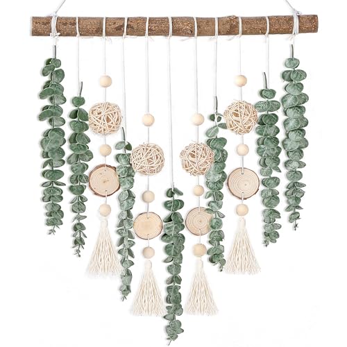 Sggvecsy 21’’ Eucalyptus Wall Hanging Decor Artificial Eucalyptus Plant Fake Greenery Leaves Boho Wall Decor with Wooden Stick for Bathroom Bedroom Kitchen Rustic Farmhouse Home Living Room Decoration - color: With Balls