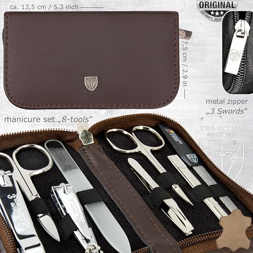 3 Swords Germany - brand quality 8 piece manicure pedicure grooming kit set for professional finger & toe nail care genuine leather case in gift box, Made in Germany - color: BROWN - GENUINE LEATHER