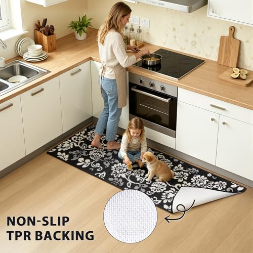 LOKHOM Boho Kitchen Rugs-24"x71" Non Slip Stain Resistant Kitchen Mats for Floor, Paisley Floral Runner Carpet for Hallways Entryway Laundry Washable (Black & White) - color: Black, size: 2' x 5'11" (Rectangular)