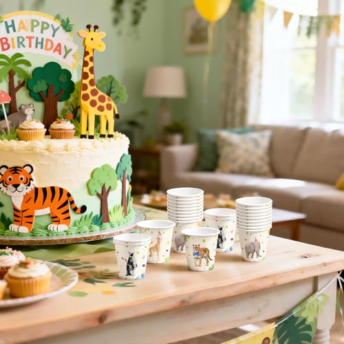 WRAPAHOLIC 3oz Paper Cups - 100 Pack Disposable Bathroom Cups with Birthday Giraffe, Penguin, Tiger and Elephant Design, Small Mouthwash Cup for Toothbrush Rinse, Home and Animal Birthday Party - color: Colorful Animal 4 Design