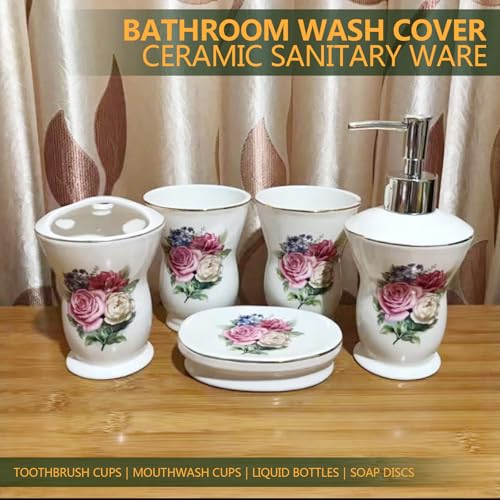 Bathroom Accessories Set 5 Pcs, Soap Dispenser, Toothbrush Holder, Bathroom Tumbler, Soap Dish Modern Bathroom Decor Housewarming Gift,Pink - color: Pink