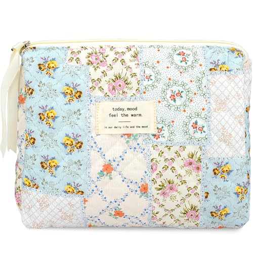 Sminra Makeup Bag Large Travel Quilted Cosmetic Makeup Bag Organizer, Floral Cotton Coquette Cute Aesthetic Toiletry Bag for Women Girls (Blue Floral Collage) - color: Blue Floral Collage