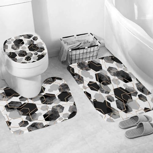 4Pcs Black White Geometric Shower Curtain Set, Neutral Modern Art Deco Shower Curtain with Hooks, Elegant Trendy Simple Bathroom Sets with Shower Curtain and Rugs, 71 * 71in - color: Black