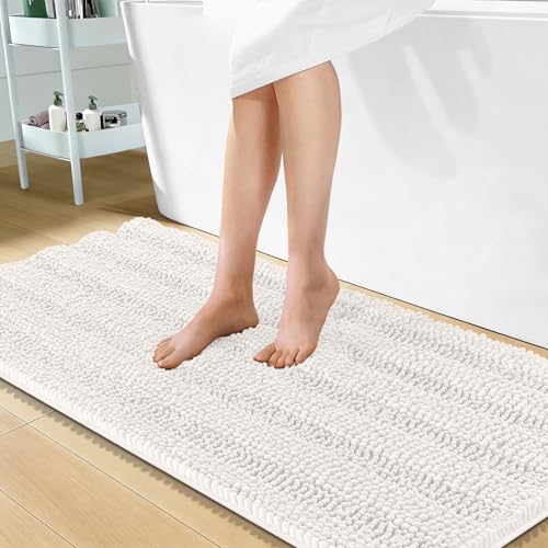 OLANLY Thick Bathroom Runner Rugs 47x24, Extra Absorbent Chenille Striped Bath Rugs, Rubber Backing, Machine Wash Dry, Long Bath Mats for Bathroom Floor, Tub and Shower, Home Decor Accessories, Ivory - color: Ivory, size: 47" X 24"