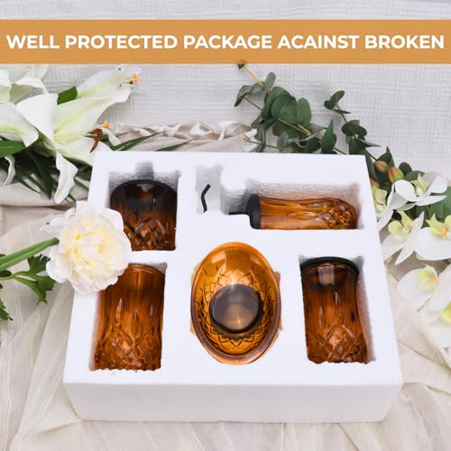 Bathroom Accessories Set,5 Pcs Amber Glass Bathroom Accessory Set, Complete Lotion Soap Dispenser, Toothbrush Holder, Soap Dish, Tumbler & Jar, Modern Bathroom Decor Sets Gift,Round - style: Round(Amber)