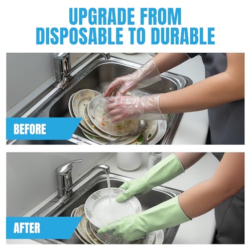 JOR Kitchen Dishwashing Gloves, Durable and Reusable Rubber with Non-Slip Grip, For Household Chores, Multi-purpose Use for Pantry, Bathroom Laundry, Medium, 12-inch Long Cuff, 2 Pairs, Green & Blue