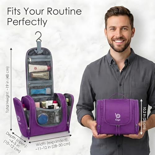 Bago Travel Toiletry Bag for Women and Men - Large Waterproof Hanging Toiletry Bag for Bathroom and Travel Bag for Toiletries Organizer (Purple) - color: Purple, size: Large