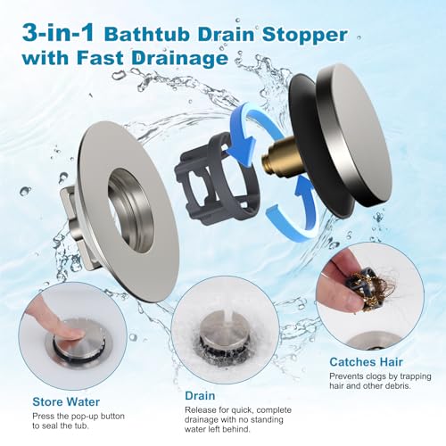 Hibbent 2 Pack 3 in 1 Metal Bathtub Drain Stopper, Universal Pop Up Tub Stopper with Removable Filter Basket, Bathtub Hair Catcher for 1.5''~2.4'' Drain, Brass Bullet Core, Brushed Nickel - color: Brushed Nickel Finish