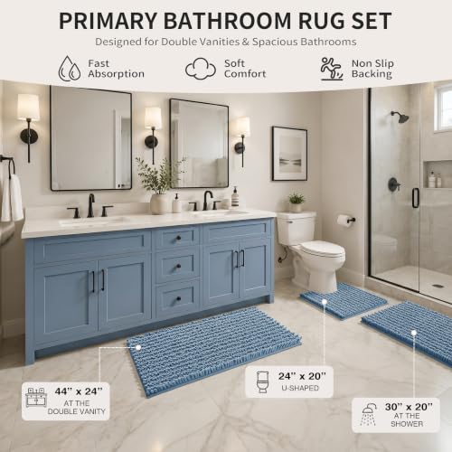 Yimobra Bathroom Rug Set 3 Piece - Super Absorbent Quick Dry Chenille Bath Mats & Toilet Rug, Non Slip Machine Washable, Extra Thick Shaggy Floor Mat for Shower Tub Sink, Denim Blue - color: Denim Blue, size: 24"x20" + 30"x20"+ 44"x24"