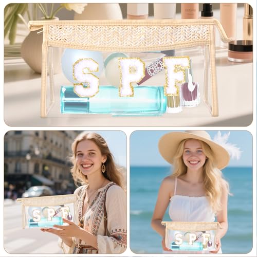 Boho Patch Cosmetic Bag with Zipper, Chenille Varsity Letter Makeup Bag, Clear Travel Pouch, Multi-purpose Small Toiletry Bag for Women Girls (Spf) - style: Spf