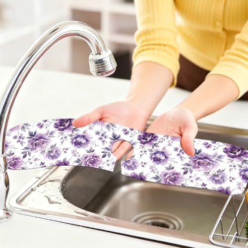 2 Pcs Kitchen Sink Splash Guard Faucet Mat Purple Flowers Faucet Mat for Sinks Dreamlike Blooms Absorbing Drying Mats for Kitchen Bathroom, 23.6x5.5inch - color: Purple Flowers