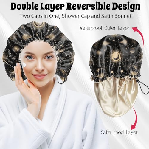 Luxury Shower Cap Satin Lined Reusable Waterproof Double Layer Elastic Adjustable Hair Bath Cap Cute Aesthetic Women Girls-Moon - color: F7-Moon