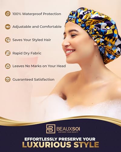 Luxury Reusable Waterproof Shower Cap for Women - Satin Lined, Adjustable - Keeps Hair Dry, Durable Hair Bonnet by BEAUXSOI (African Majesty) - color: African Majesty