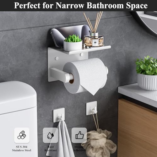 Tindbea Toilet Paper Holder with Phone Shelf + Towel Robe Hooks, Adhesive or Screw Wall Mounted Toilet Paper Roll Storage Dispenser, Stainless Steel Bathroom Tissue Roll Holder (White) - color: White, size: Regular