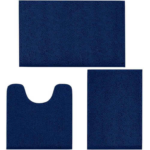 TREETONE Bathroom Rugs Sets, Thick Soft Absorbent 3 Piece Chenille Bath Rugs, Non-Slip, Dry Quickly, Machine Washable, Shaggy Mats with U-Shaped Toilet Rug for Bath Floor, Tub and Shower, Navy Blue - color: Navy Blue, size: 16"x24"+20"x32"+U Shape 20"x20"