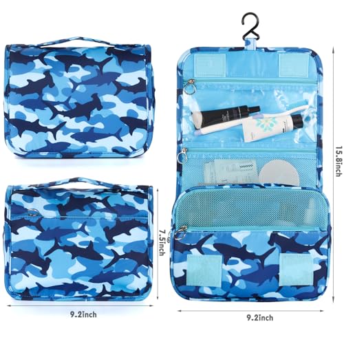 Kids Hanging Toiletry Bag for Boys, Travel Toiletry Bag for Little Young Boys Waterproof Wash Bag Toddler Traveling Toiletries, Shark Blue Camo - color: Shark-Blue