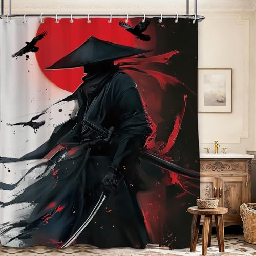Black Red Samurai Shower Curtain 60Wx71L, Japanese Man Shower Curtains for Bathroom, Cool Asian Shower Curtain Set 12 Pack Hooks - color: Black Red Samurai, size: 60Wx71L