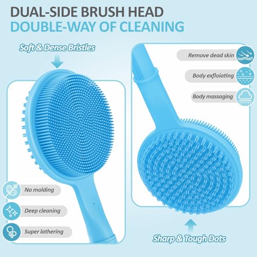 Soft Silicone Back Scrubber & Bath Glove 2PCS, 16''- 24'' Extendable Shower Scrubber with Dual-Side Head, 360° Anti-Slip & Hand-fit Silicone Body Scrubber for Rich Foaming Deep Cleaning(Blue) - color: Blue*2